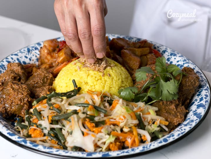 beef rendang and Nasi Kuning