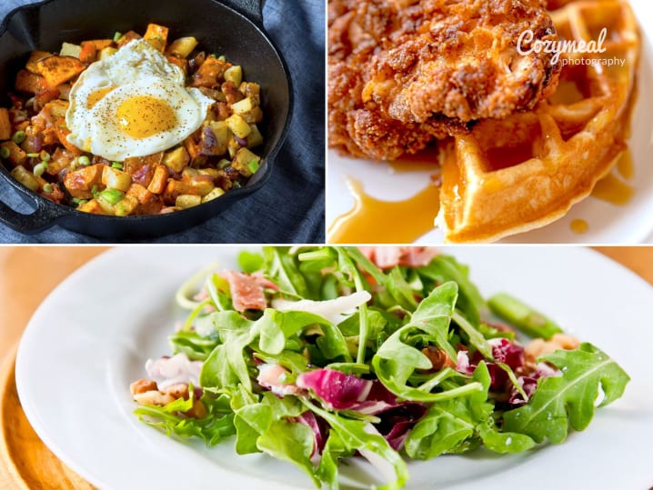 brunch with sweet potato hash, arugula salad and chicken and waffles