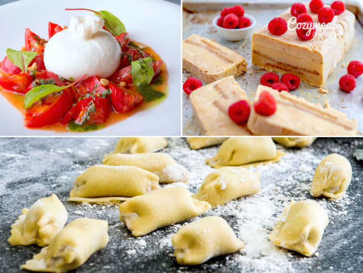 burrata caprese salad, limoncello semifreddo, and homemade Agnolotti pasta