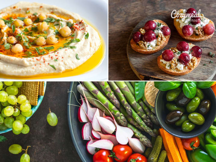 cannellini bean dip with ricotta and roasted grape crostini and crudite