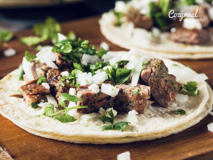 carne asada on a tortilla