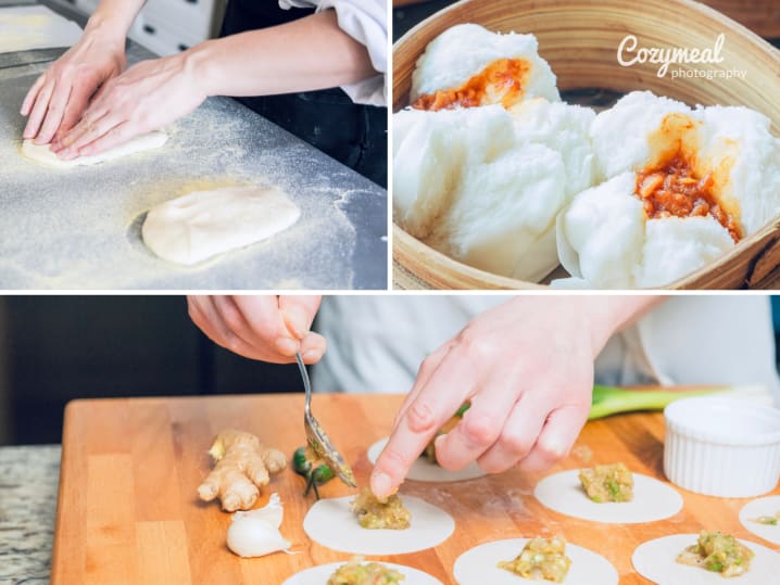 chef making bao dough from scratch steamed bao buns with spicy eggplant filling chef filling gyoza