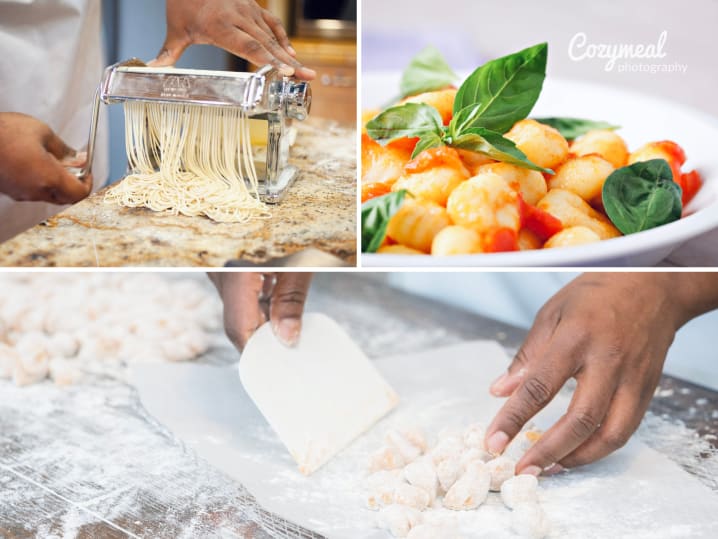 chef making spaghetti with pasta machine gnocchi with tomato sauce and basil leaves chef making gnocchi from scratch