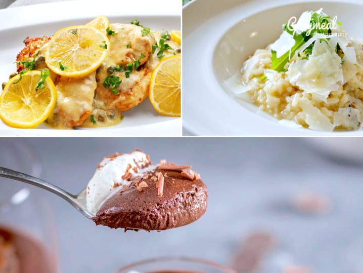 chicken piccata and risotto with chocolate mousse