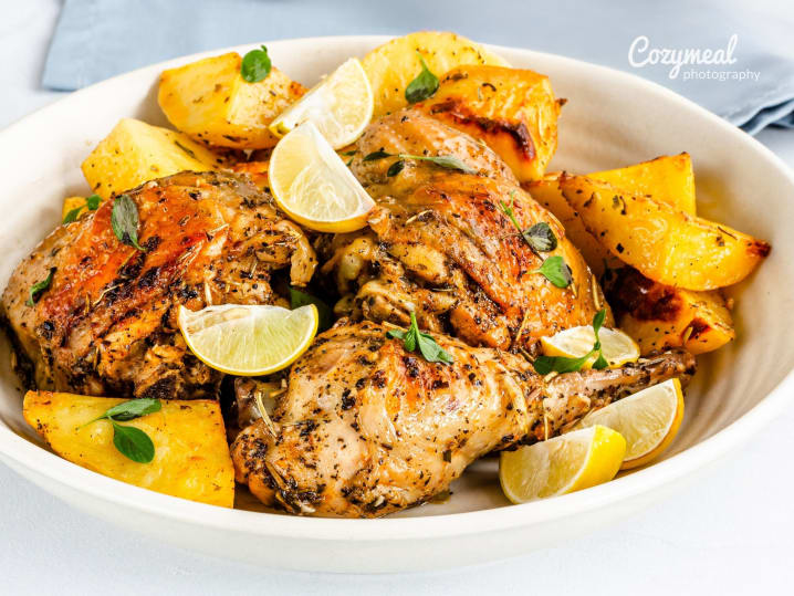 Moroccan grilled chicken with preserved lemons and almonds served in bowl
