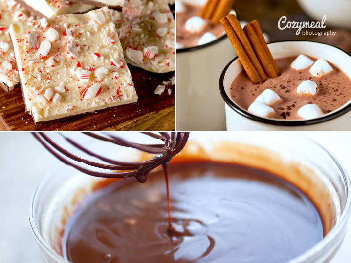 chocolate bark, hot cocoa and melted chocolate