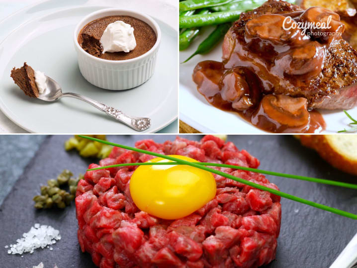 chocolate pots de creme and steak with mushrooms and beef tartare