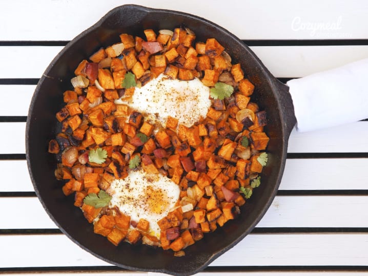 chorizo hash with sweet potatoes and crispy egg