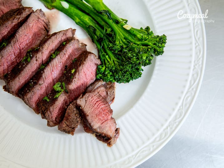 coffee and chocolate crusted ribeye and broccolini