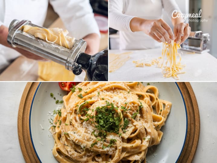 Cooking Class - Cajun Fettuccine Pasta in Columbus, OH: A collage of fresh fettuccine being prepared from scratch and served with a creamy sauce, herbs and grated cheese.