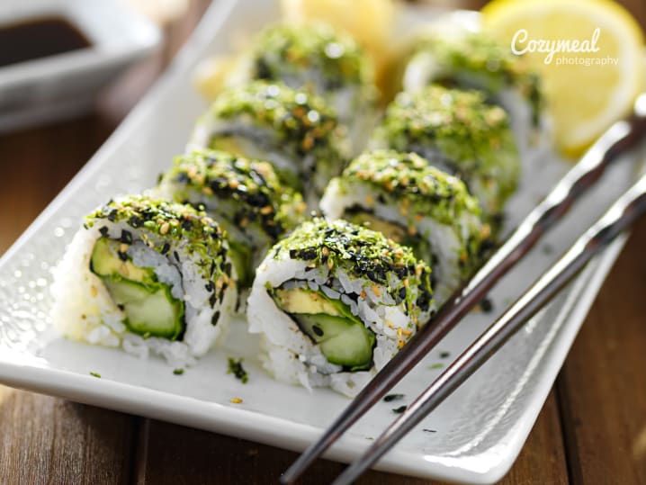 veggie sushi roll elegantly garnished and plated