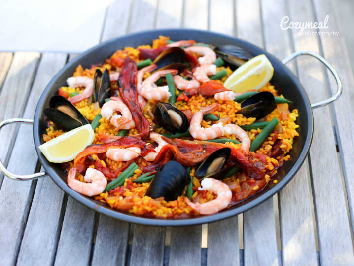 A beautiful pan of seafood paella