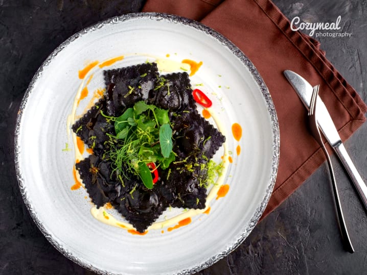 squid ink and ricotta ravioli