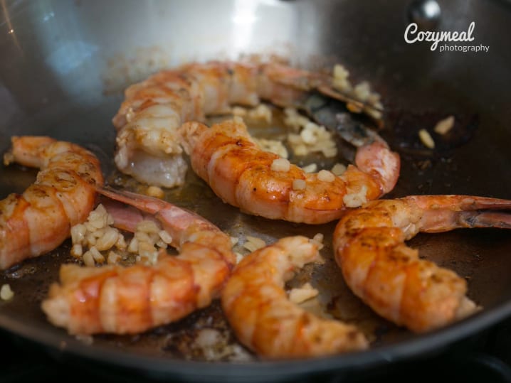 Shrimp cooking in a pan