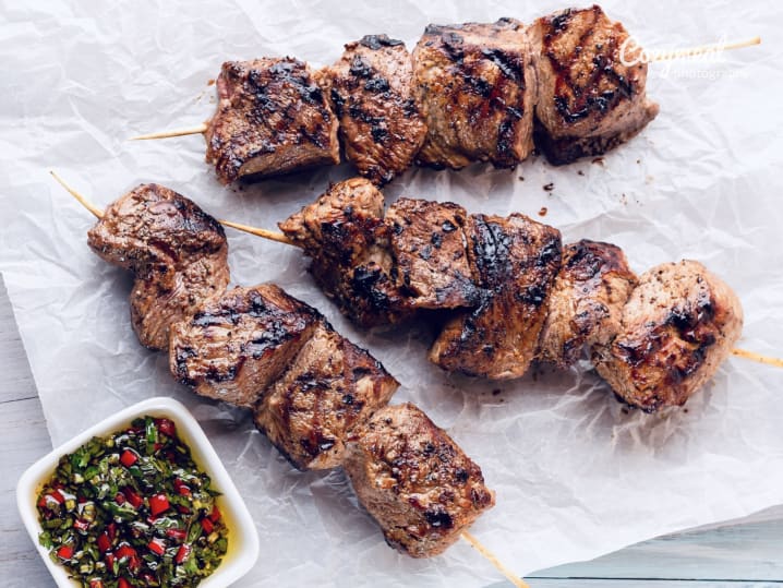 steak skewers with chunky chimichurri