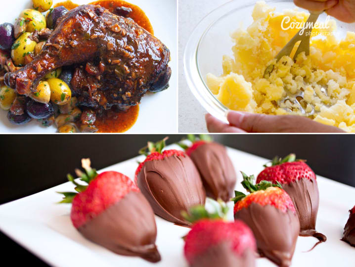 coq au vin, mashing potatoes and chocolate strawberries