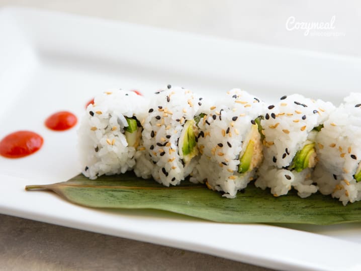 crab sushi roll with cucumber and avocado