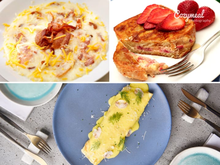 creamy grits, stuffed french toast and berries and sauce covered omelette