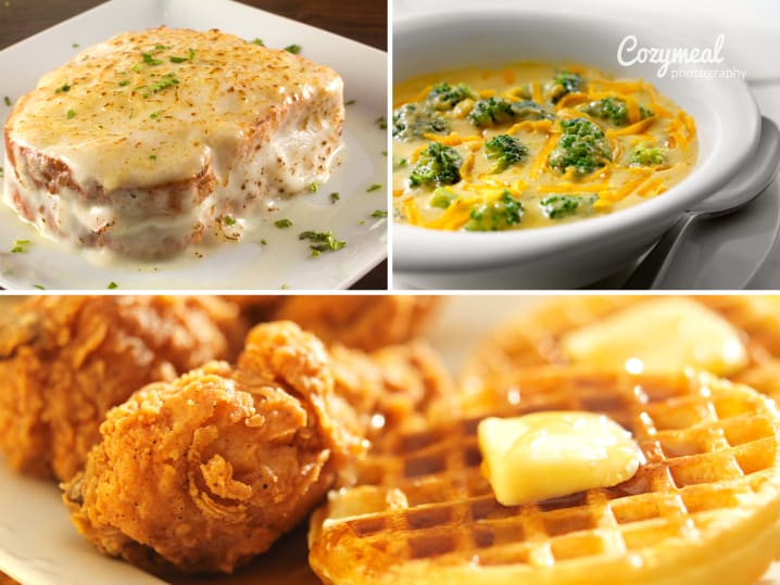 croque monsieur, cheddar and broccoli soup and chicken and waffles with honey butter