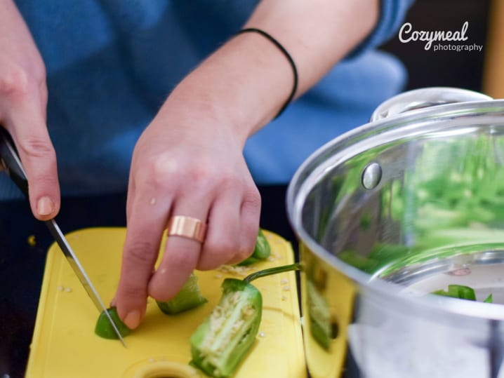 cutting green peppers