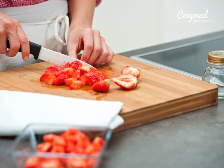 cutting strawberries