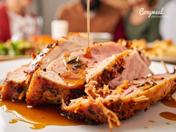 drizzling sauce over plated roasted pork loin slices