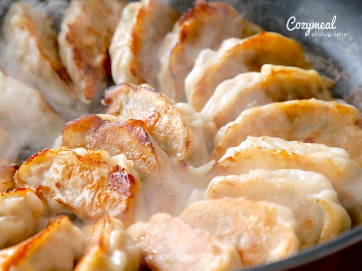 frying pot sticker dumplings in a pan