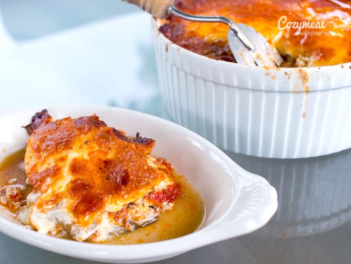 eggplant moussaka in a white dish