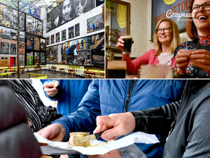 belfast drink   a wall mural, people enjoying guinness beer and eating cheese on a food tour in belfast ireland