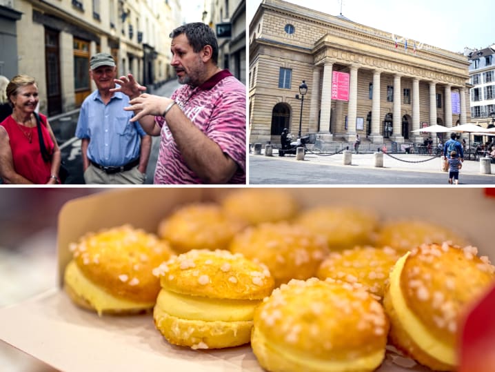 people on a food tour Odeon theatre de l'Europe in Saint Germain French pastries