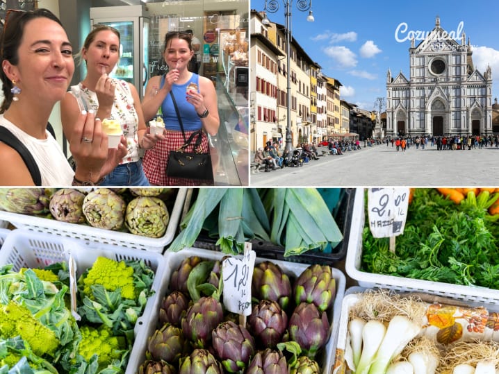 florence weekend tour   hero image of people enjoying gelato and visiting a farmers' market