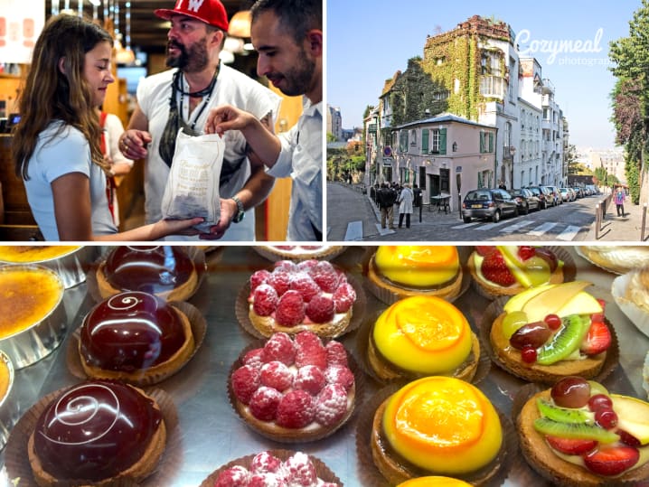 people sampling food on a food tour a street in Montmartre pastries on display