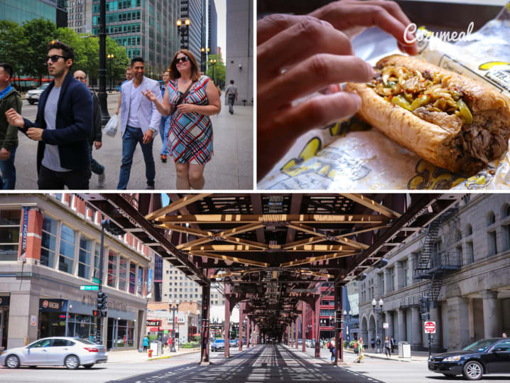 people walking during a food tour in Chicago Italian beef sandwich under the L in Chicago