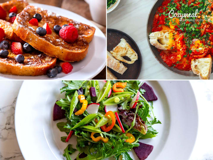 french toast and shakshuka with green salad