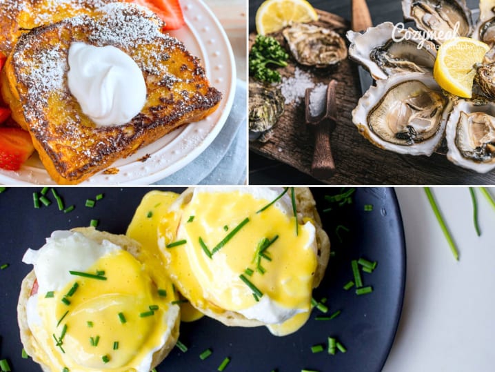 french toast, oysters, and eggs benedict