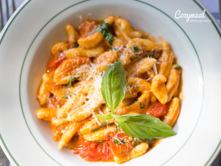 garganelli pasta in fresh tomato sauce