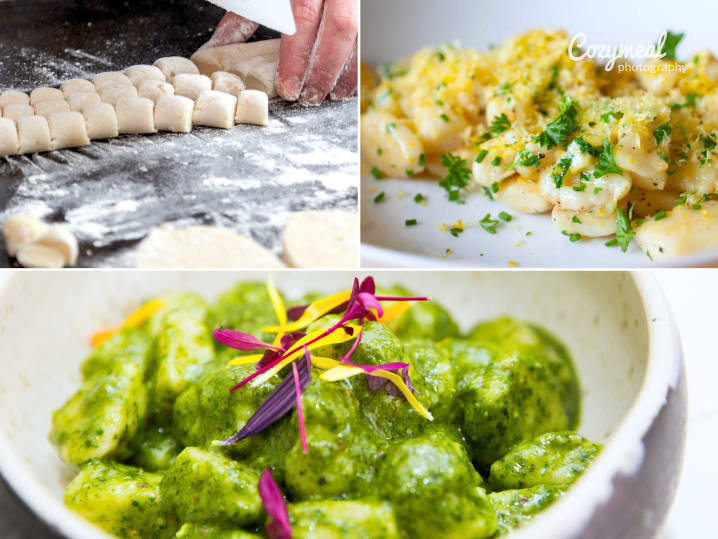 gnocchi with butter and herbs, gnocchi pesto, and making gnocchi