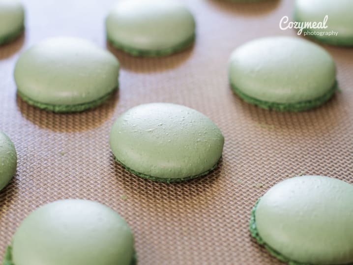green macaron shells on a baking tray