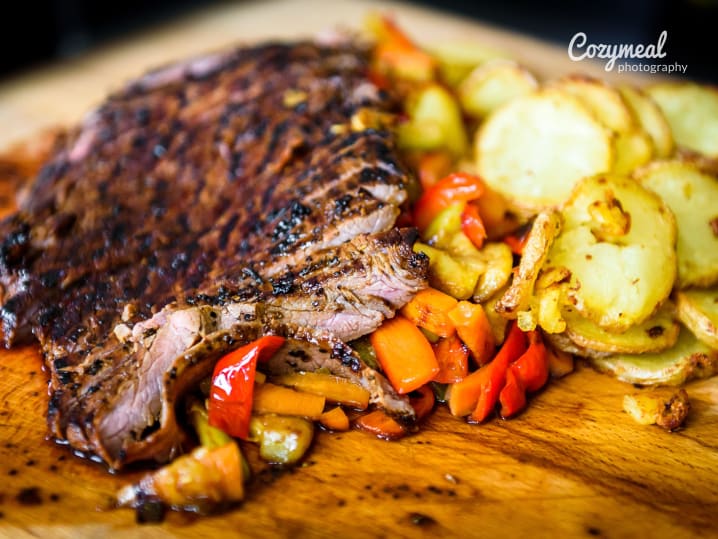 grilled flank steak with fingerling potatoes on the side