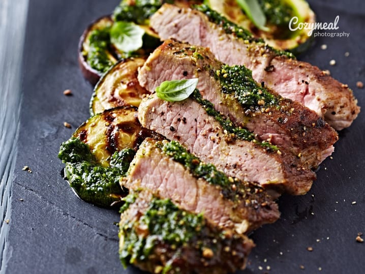 grilled steak with green salsa sauce