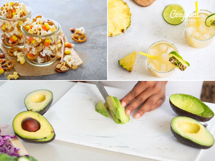 halloween snacks, slicing avocados and enjoying a lime and pineapple cocktail