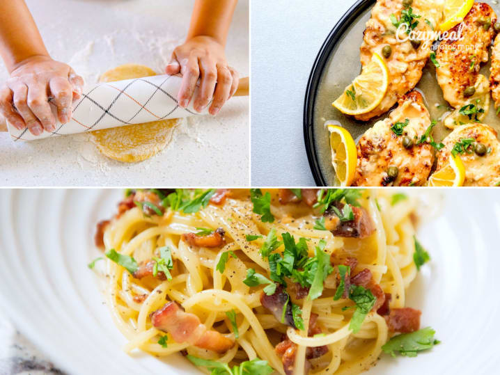 homemade chicken piccata and spaghetti carbonara