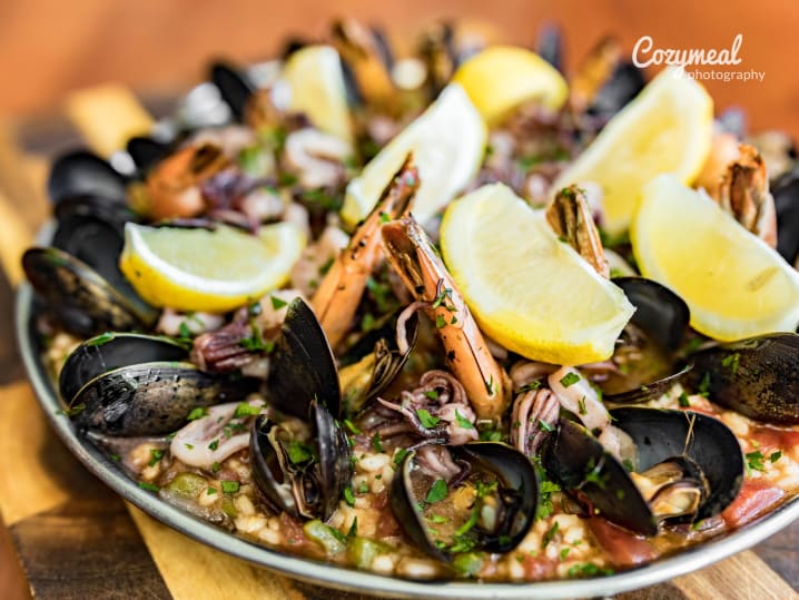 homemade seafood paella with mussels