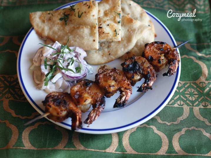 Shrimp skewer and naan