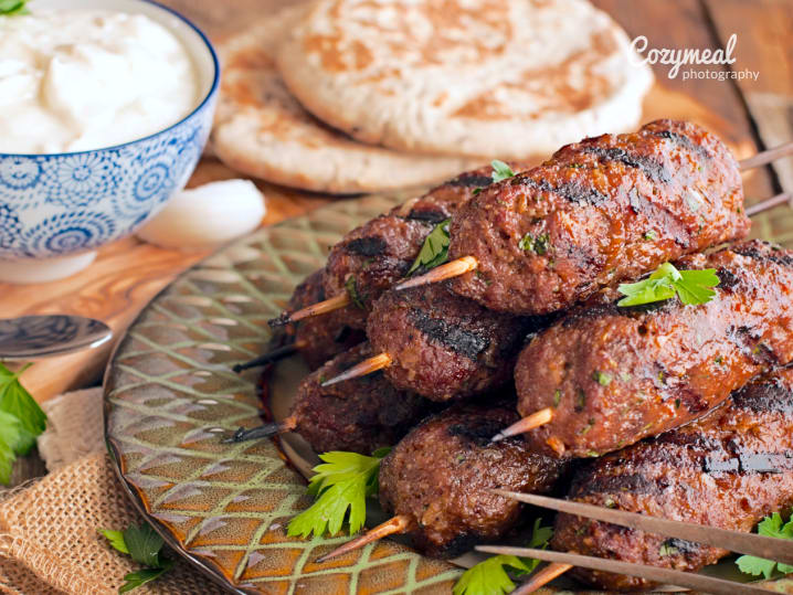 lamb kofta skewers with tzatziki and flatbread