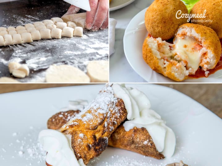 making gnocchi, arancini and cannoli