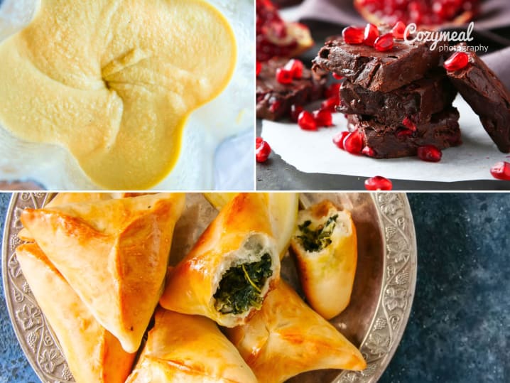 making hummus, Spinach Fatayer, and chocolate with pomegranate