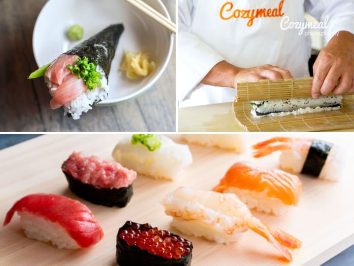 making sushi and temaki hand rolls with nigiri