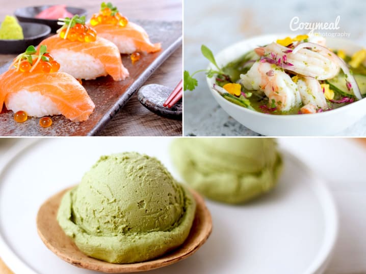 nigiri and aguachile shrimp with matcha ice cream