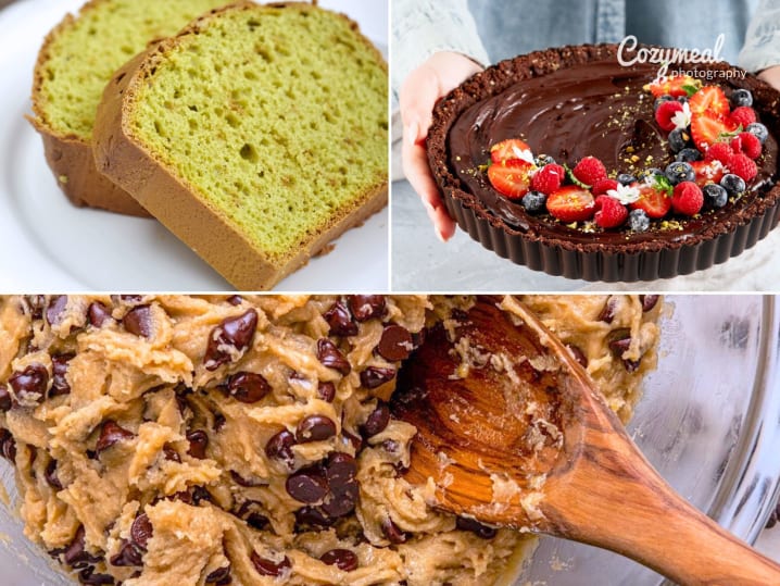 nutella tart, matcha pound cake and cookie dough